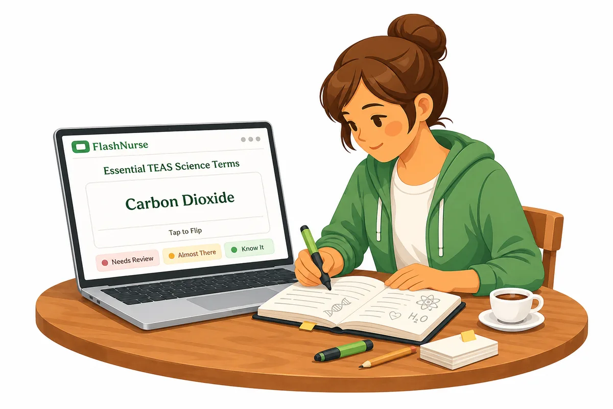 A nursing student studying FlashNurse flashcards on a laptop, with a notebook, coffee, and highlighter on the table